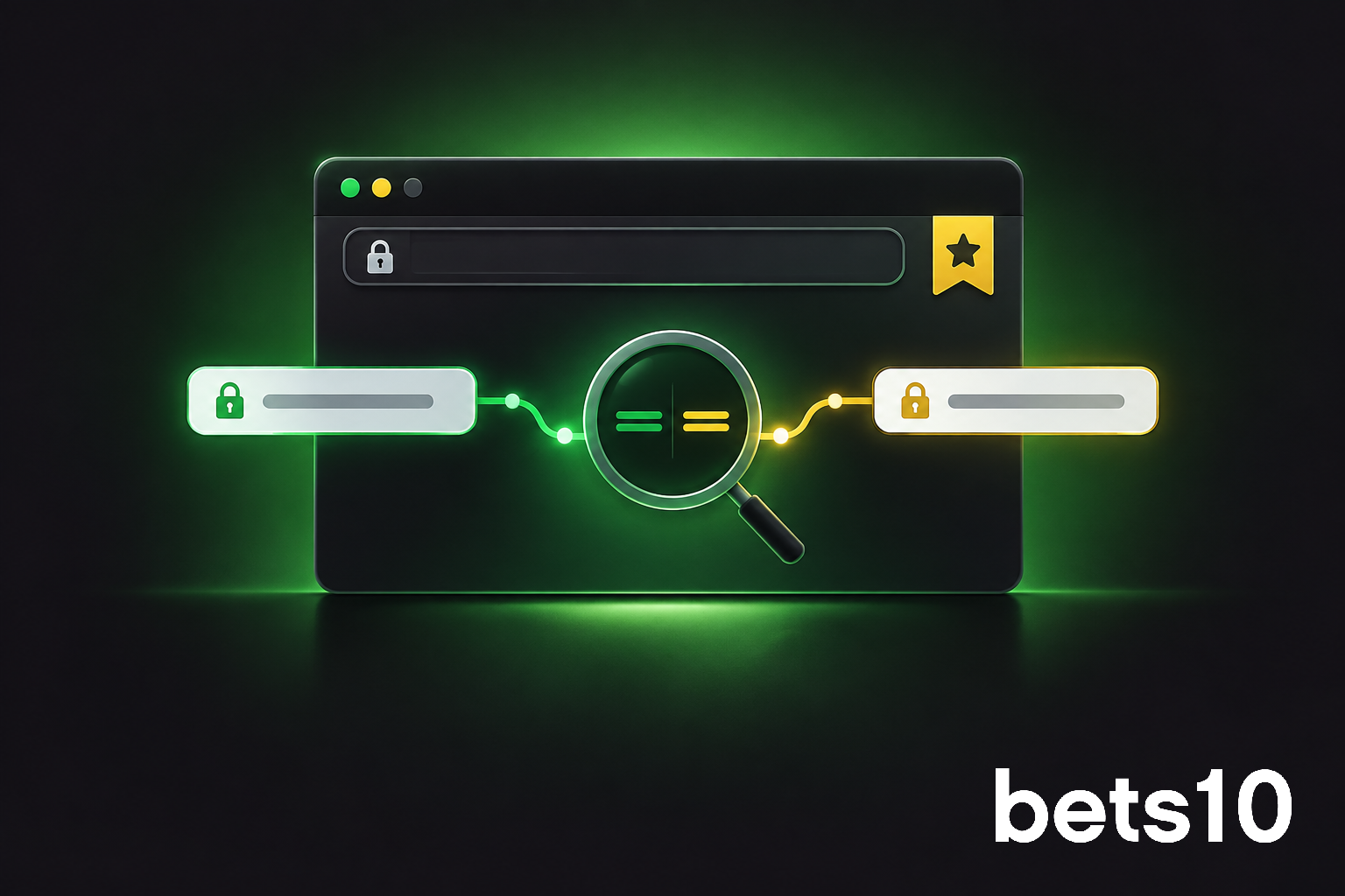 Koyu zeminde yeşil ışıkla vurgulanan tarayıcı penceresi ve yer imi simgesi, bets10 yeni giriş adresiyle kayıtlı bağlantının karşılaştırılmasını betimliyor.
